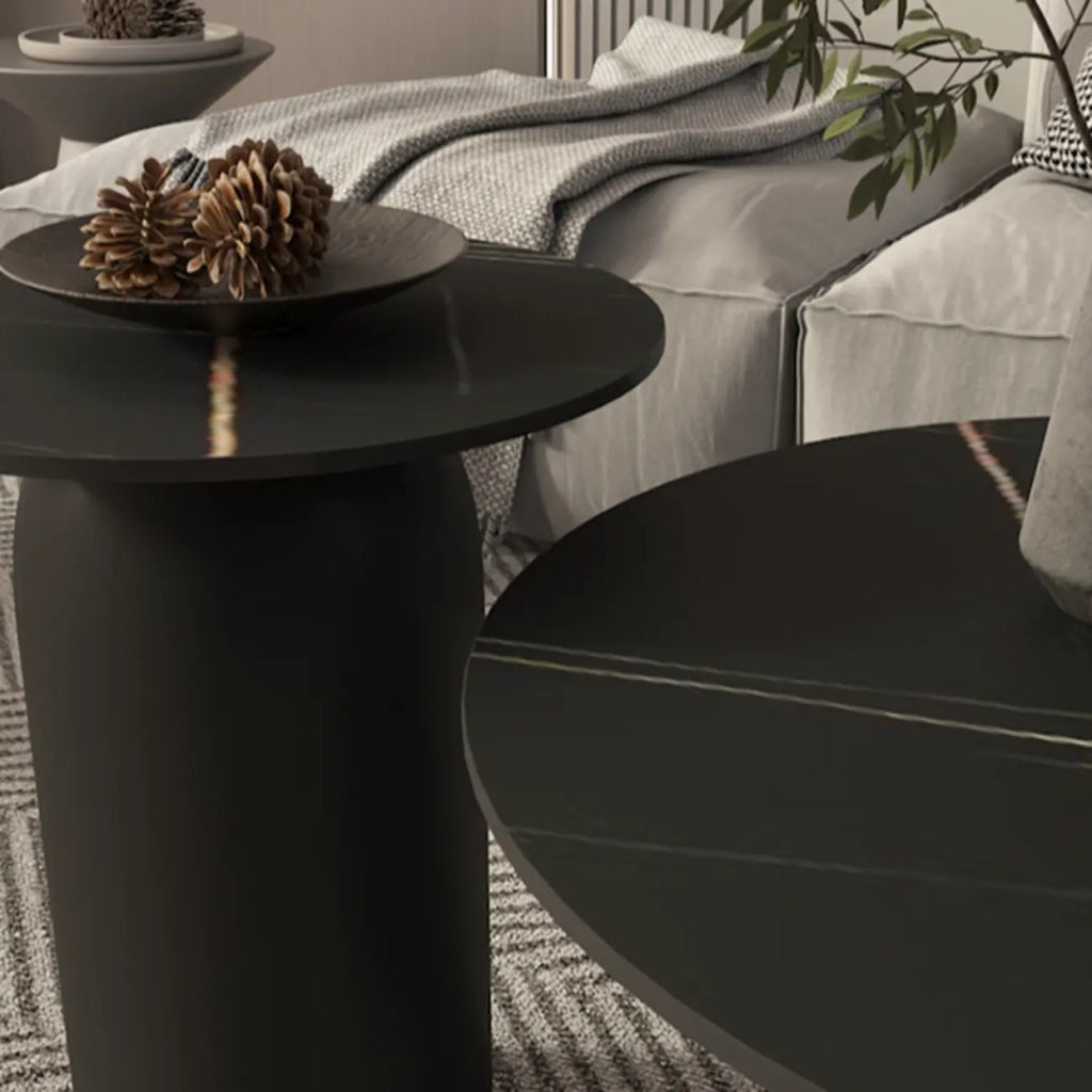 White Minimalist Round Coffee Table with Stone Top